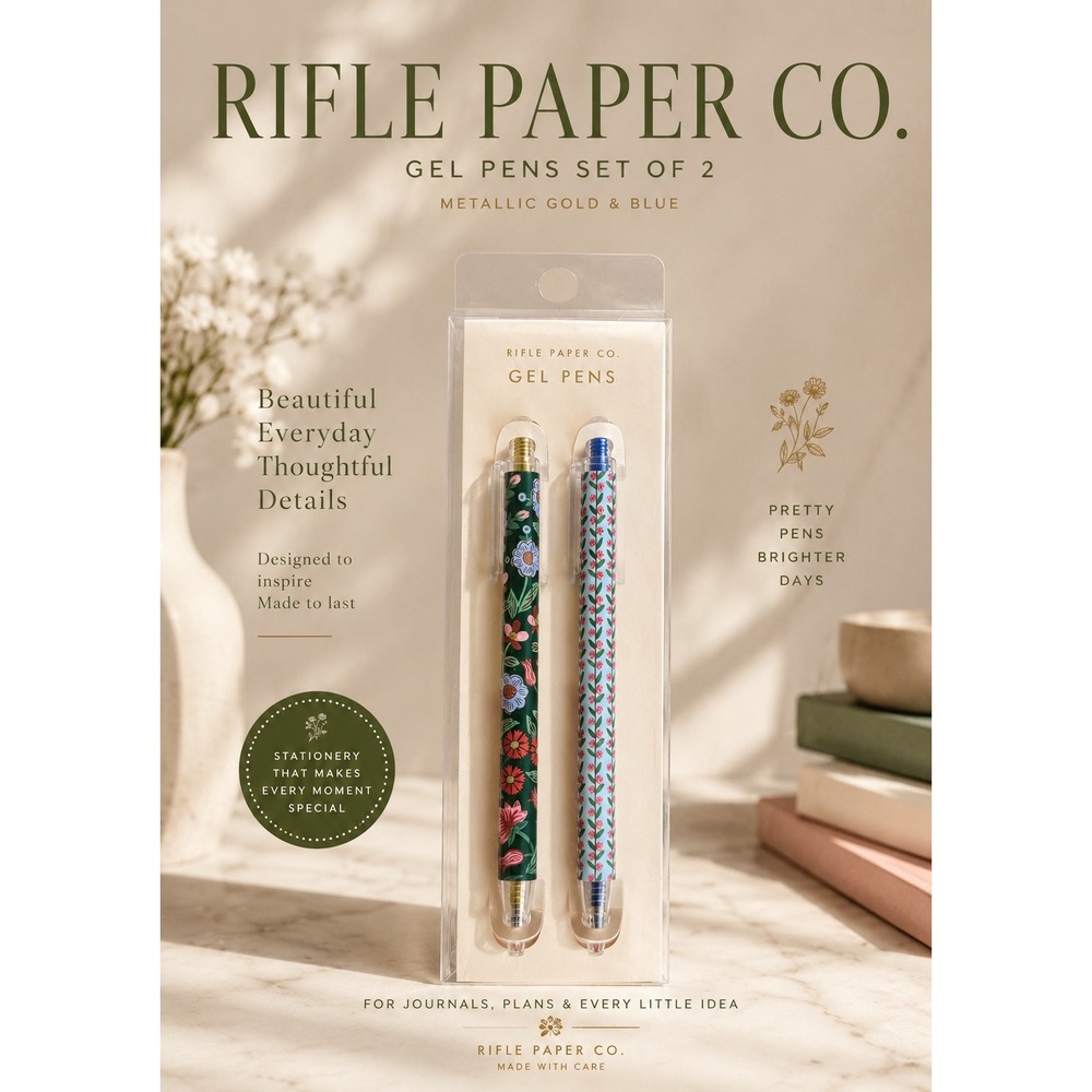 Rifle Paper Co Gel Pens Set of 2 Metallic Gold & Blue Floral New Sealed